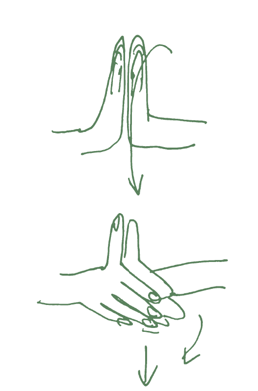 Two pairs of hands performing a step in handwashing, with arrows showing the motion from hands pressed together to rubbing one hand's fingers over the other hand.